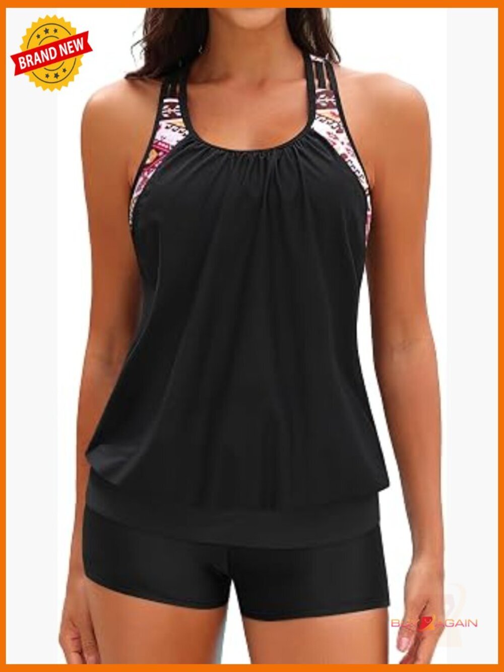 Two Piece Tankini Bathing Suit T-Back Blouson Swim Top with Boy Shorts for